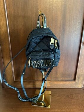 Moschino Black Quilted Mini Backpack with Gold Stud Accents